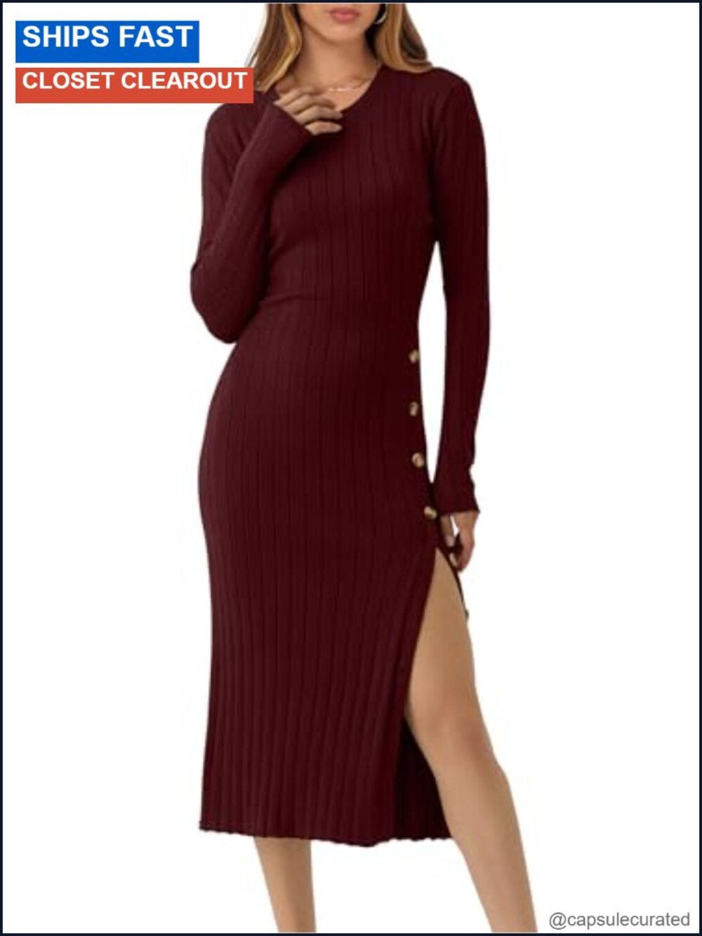 Womens Long Sleeve Ribbed Knit Bodycon Midi Sweater Dress Slim Fit